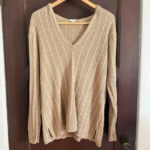 J.JILL | Tan Lightweight Cotton Blend Cable Knit Hooded Sweater | Extra Large